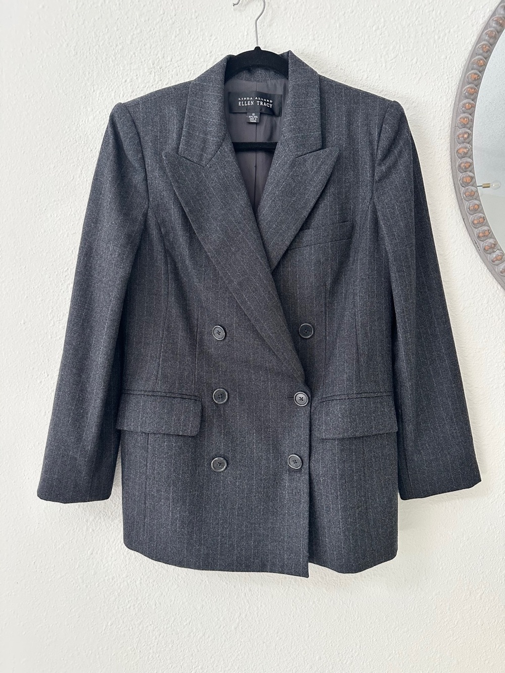 Ellen Tracy Women's Double-Breasted Charcoal Gray Pinstripe Wool Blazer